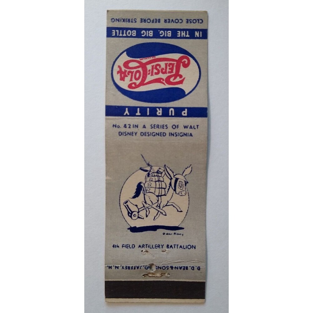 Pepsi Cola Matchbook Cover Walt Disney No 42 War Donkey With Cannon 1940s WWII